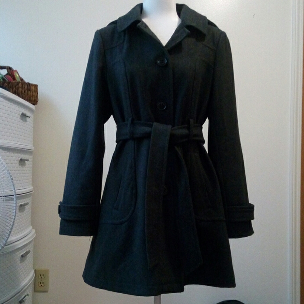 ❄️Charcoal Gray Belted Wool Blend Dressy Coat